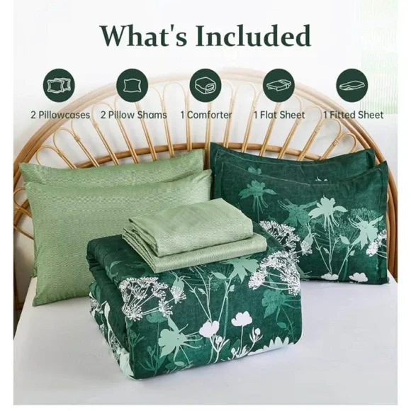 7 PieceGreen Floral Bed Set Comforter/Sheets/Pillow Cases - Picture 4 of 8